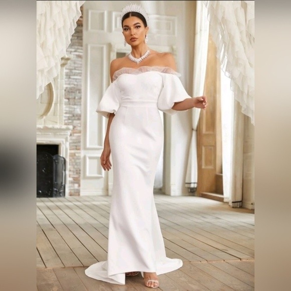 Off Shoulder Contrast Mesh Mermaid Hem Women's Wedding Dress - Picture 5 of 7
